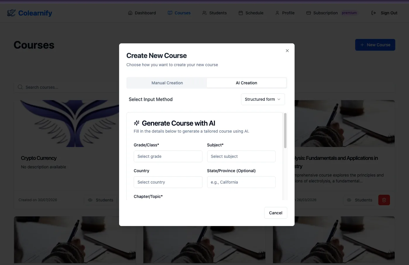 The Generate Course with AI form collecting grade, subject, country, state and chapter topic to produce a tailored course