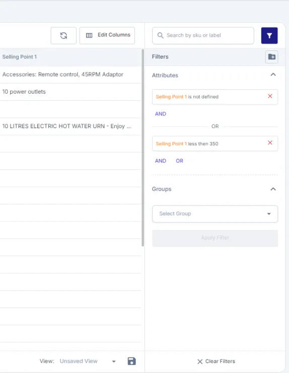 Attribute filter panel for building a selling-point rule across the product catalogue