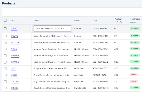 The platform's product catalogue listing SKU, name, brand, GTIN, available sell quantity and a per-channel sync status for every item