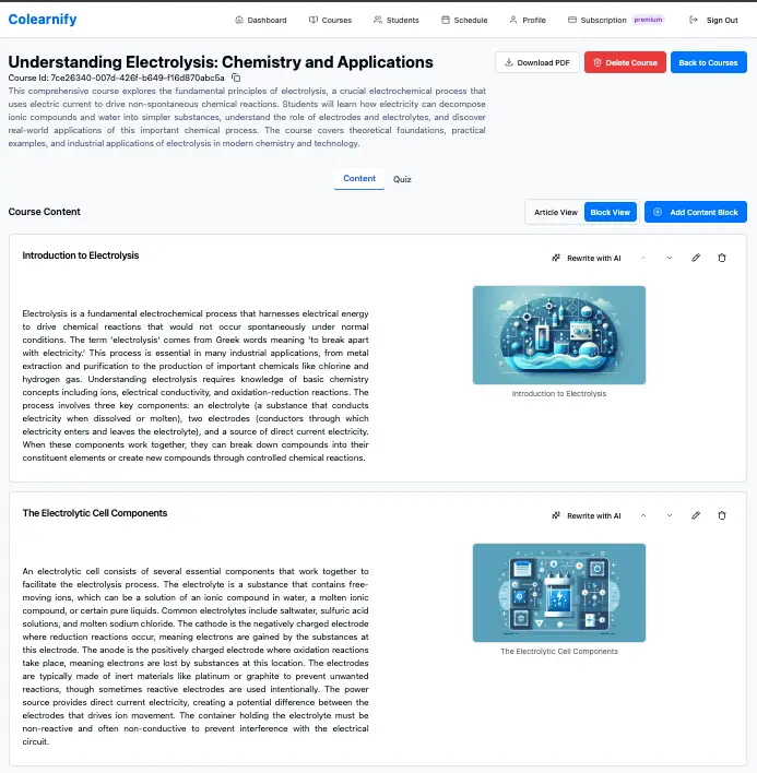 A chemistry course split into content blocks, each with its own illustration and a rewrite with AI control