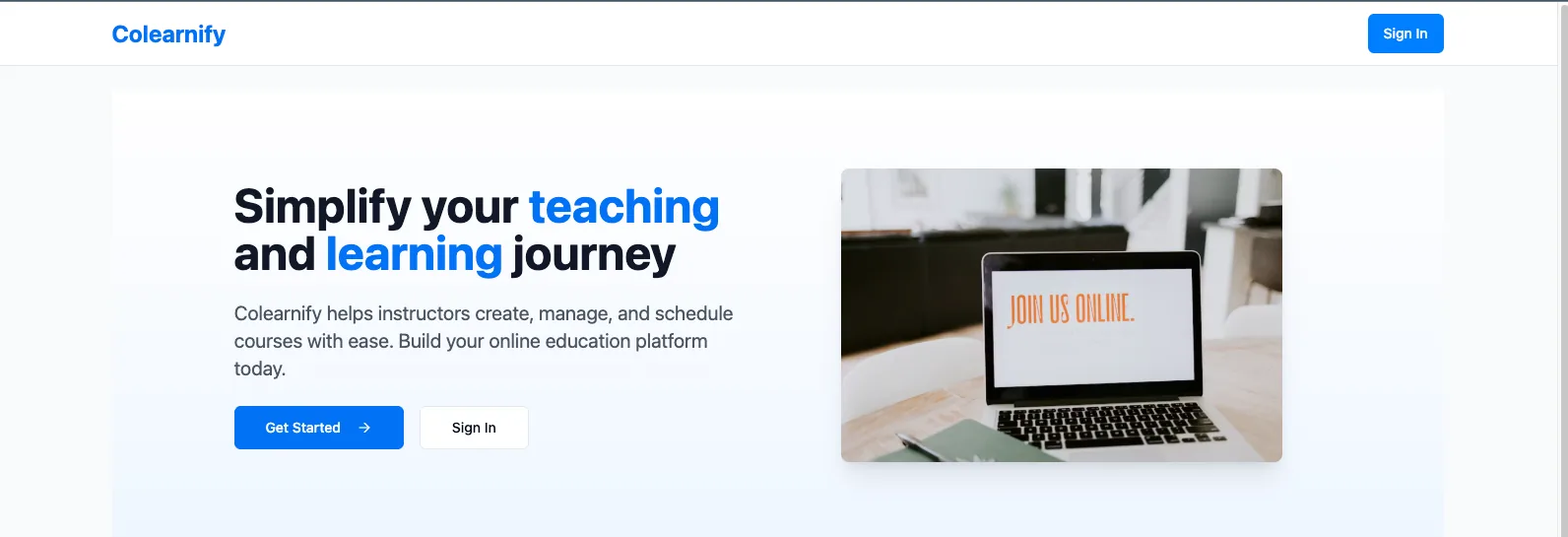 Colearnify landing page with sign in and get started buttons beside a photograph of a laptop