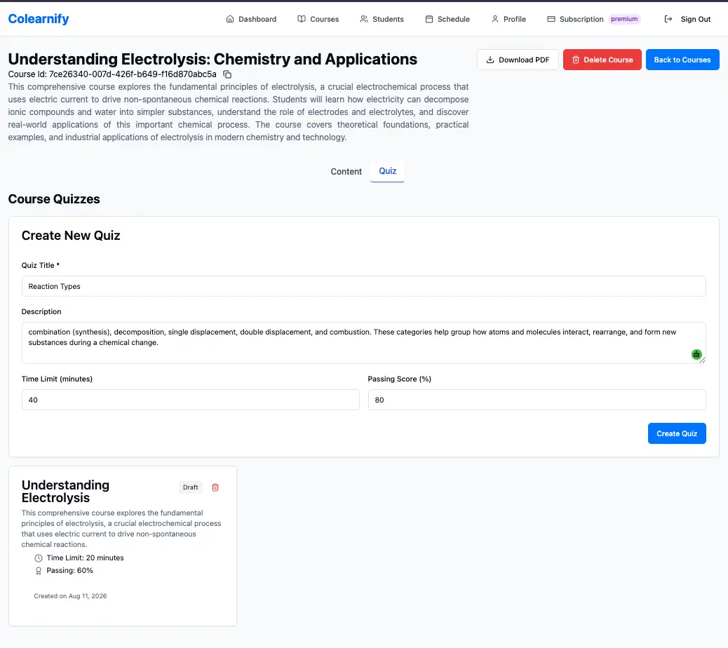 Quiz creation form with title, description, time limit and passing score fields above an existing draft quiz