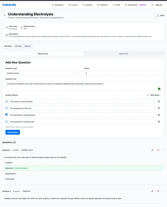 Question editor with a multiple choice question, four answer options and the correct one ticked