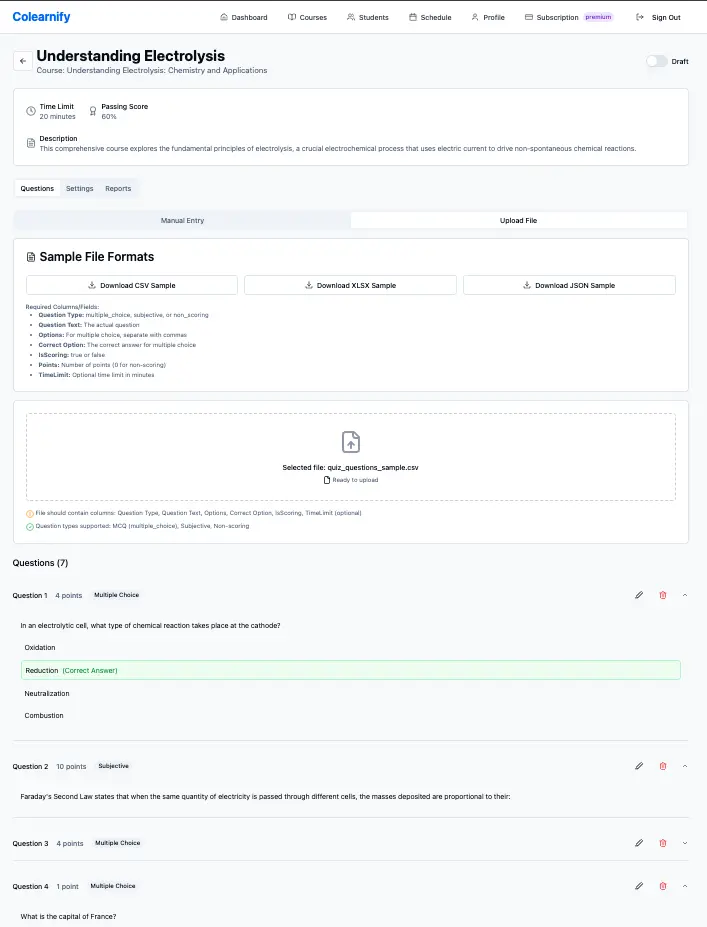 Bulk upload panel offering CSV, XLSX and JSON sample downloads above a file drop zone and seven imported questions