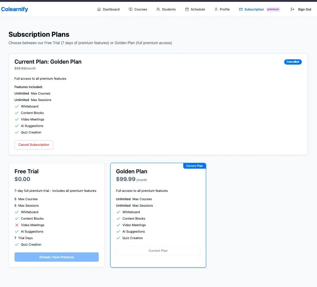Subscription plans screen comparing a free trial against a golden plan, listing the features each unlocks