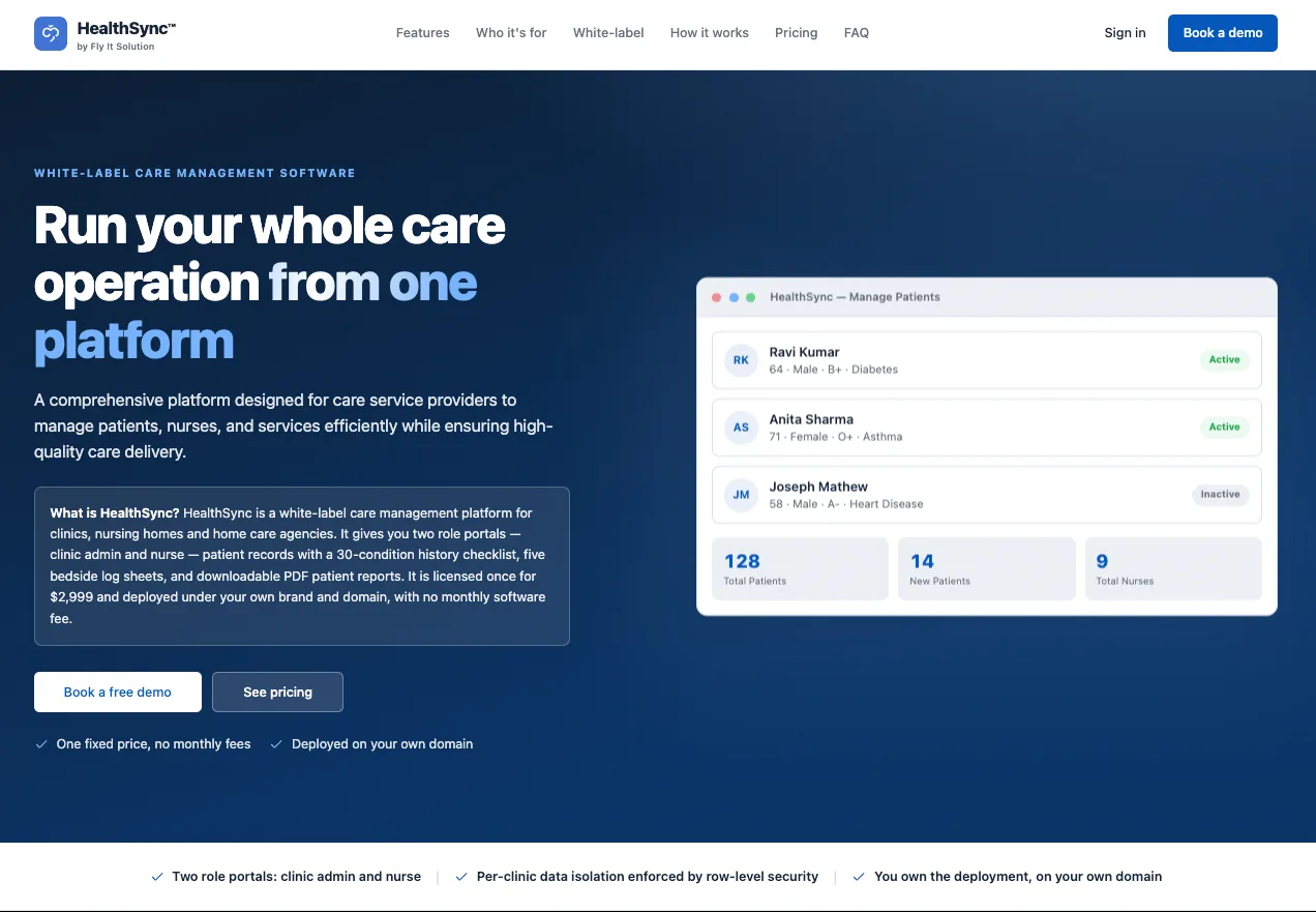 HealthSync landing page headed 'Run your whole care operation from one platform', beside a patient list showing three residents and counts for patients and nurses