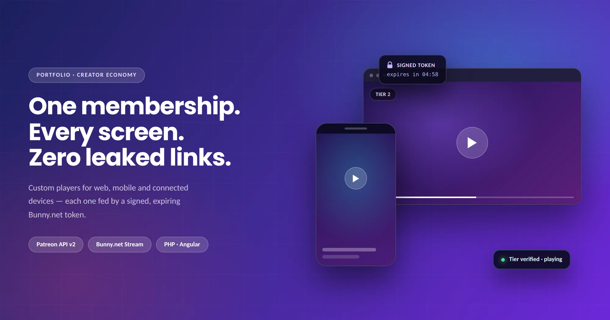 Desktop and mobile players side by side, each showing a tier badge and a signed token counting down to expiry