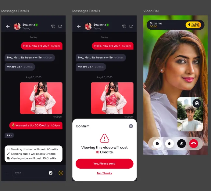 Three Redlining app screens: a chat thread, a dialog confirming the credit cost of viewing a video, and a live video call