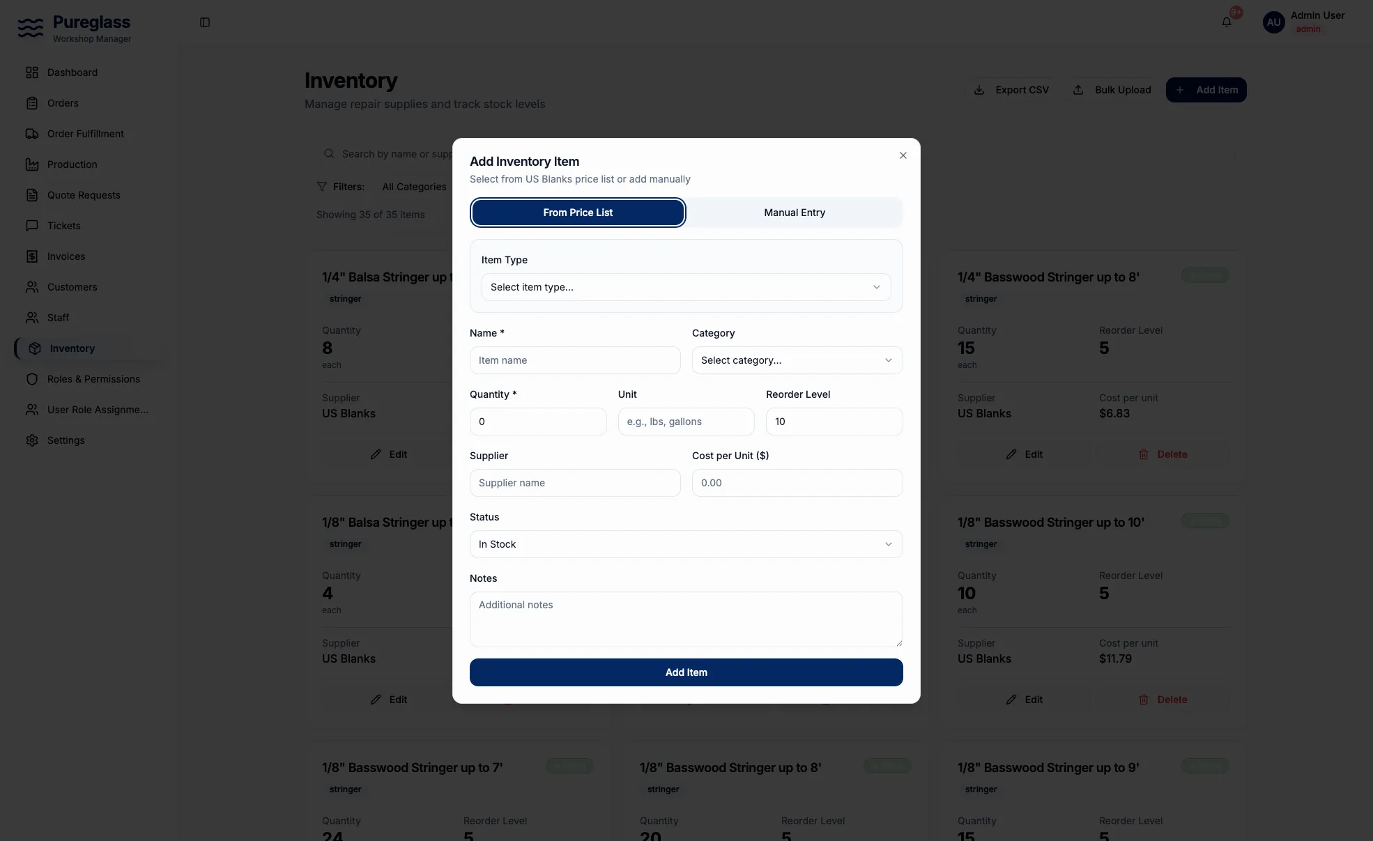 Inventory screen listing repair supplies with quantity, supplier and cost per unit, with the add inventory item dialog open
