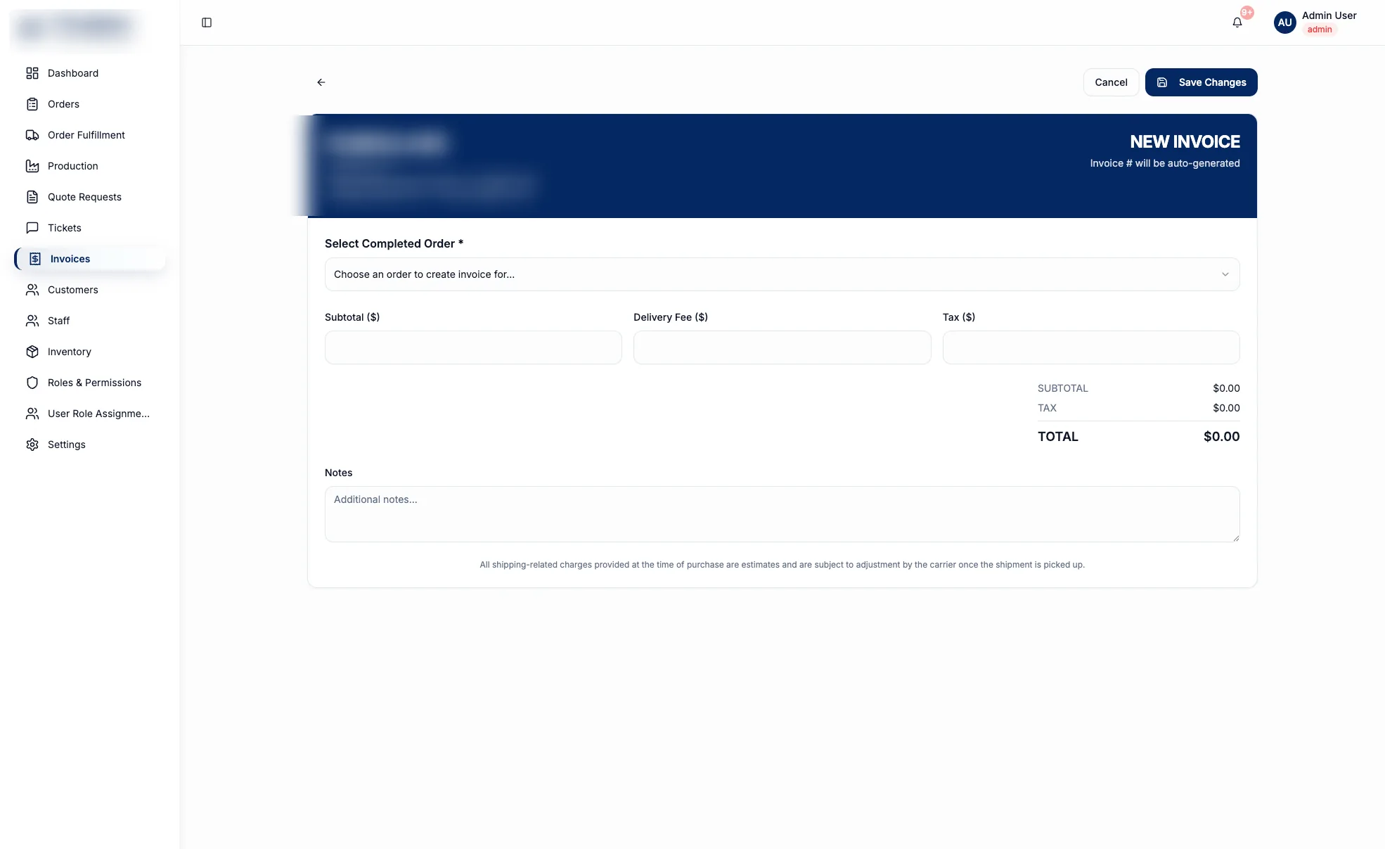 New invoice form with a completed order selector, subtotal, delivery fee and tax fields, and a running total