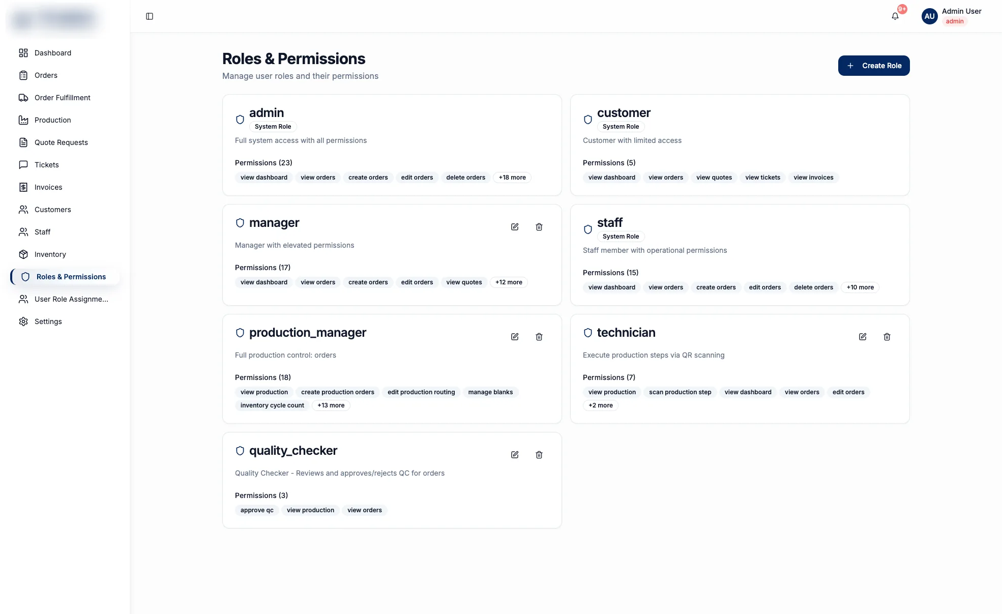 Roles and permissions screen listing admin, manager, production manager, quality checker, staff, technician and customer roles with their permission counts