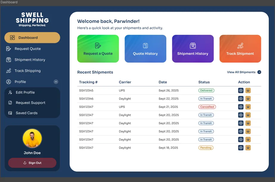 Shipping dashboard showing quick-action tiles and a recent shipments table with delivery status labels