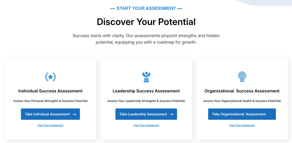 The assessment plugin's front end, showing individual, leadership and organizational assessment cards each with a start button and dashboard link